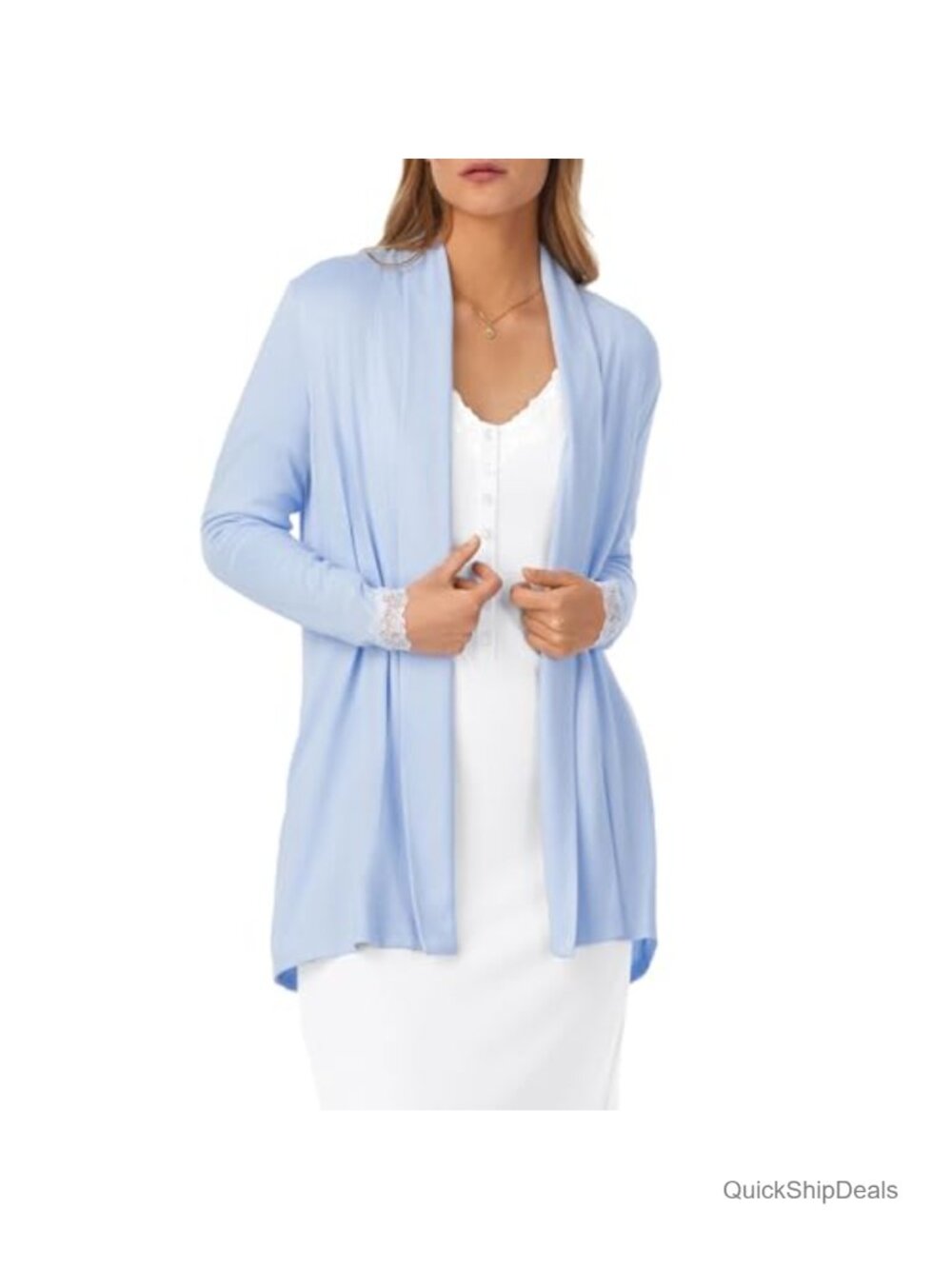 Eileen West Sweater Knit Sleep Lounge Cardigan Lace Trim Pockets